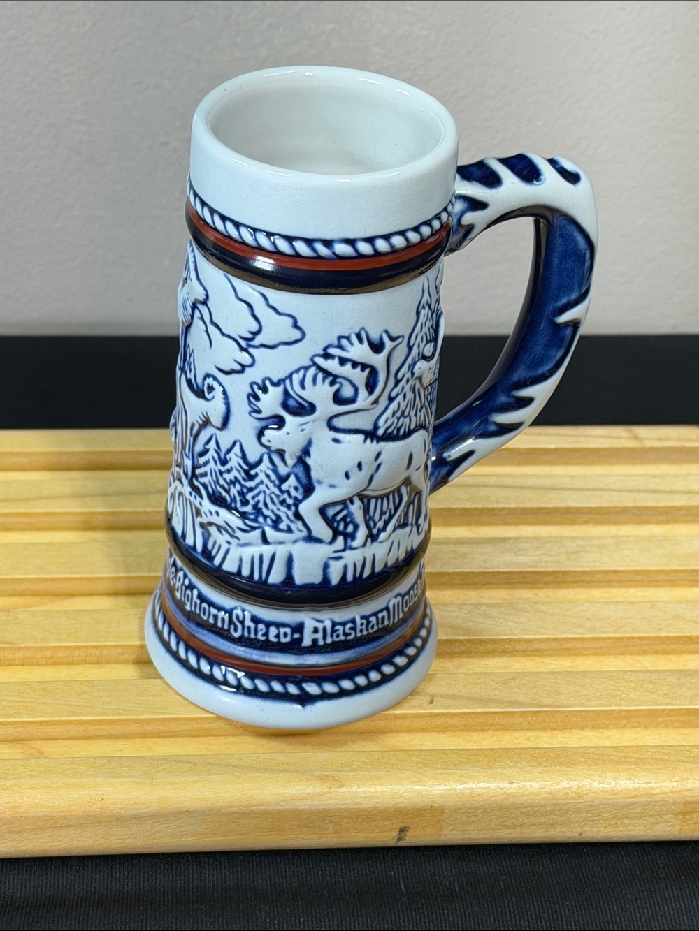 Avon Vintage Blue and White Moose Ceramic Stein - Alaskan Motif